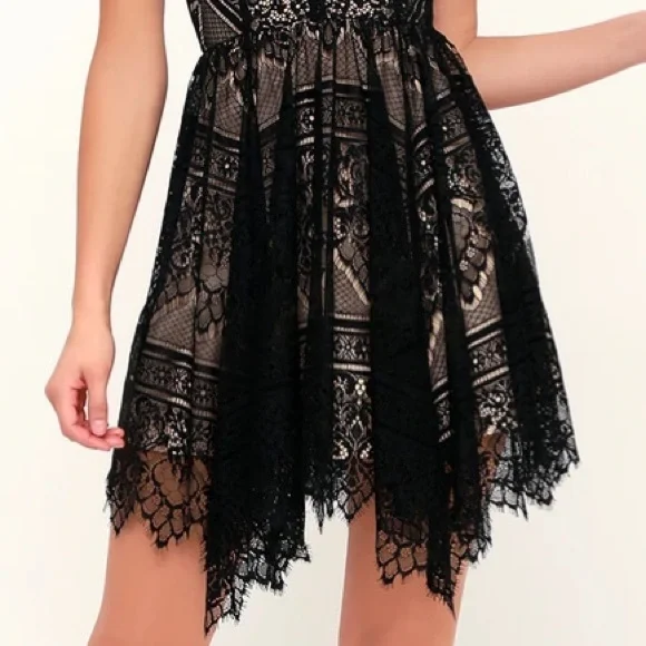 Lulu’s Ryse the Label Katie Black and Nude Lace Short Sleeve Skater Dress - Picture 7 of 15